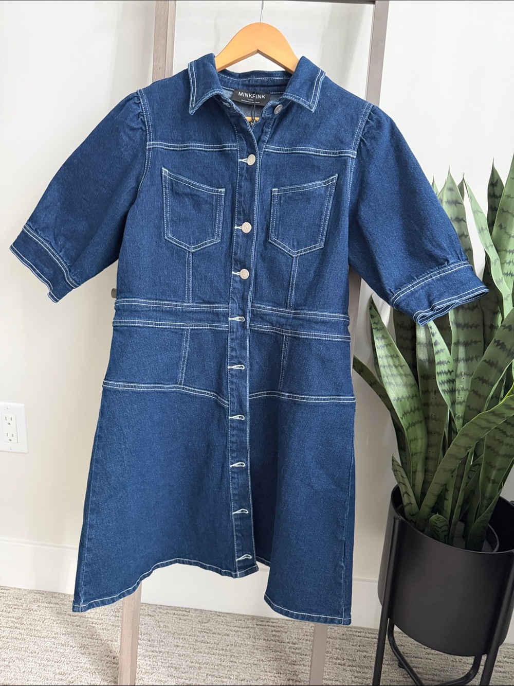 MinkPink Denim Button-Front Dress in Dark Blue